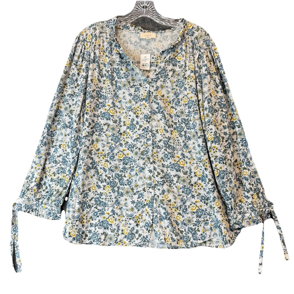 LOFT Outlet Blouse Size XL Blue Floral Tie Sleeve Boho Top Cottage Prairie NWT